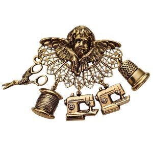 Gold Tone Cupid Scissors Thread Thimble Charm Dangle Brooch, L863